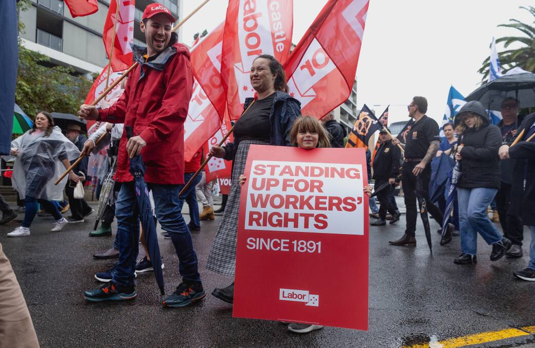 Despite the gloomy weather, hundreds turned out to march through Newcastle, from the museum to the Foreshore Train Sheds, for May Day, which marks International Workers Day, Sunday, May 5, 2024. Pictures by Marina Neil.