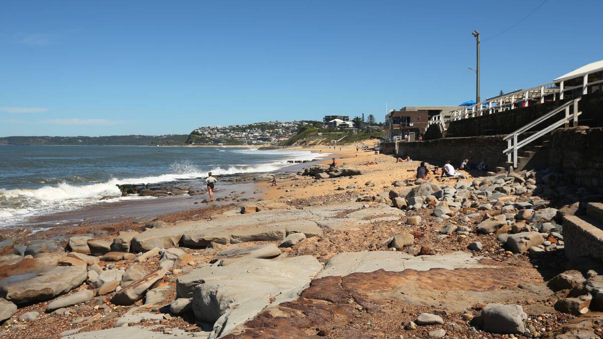 Bar Beach after it was stripped of sand by an east coast low in April 2022. Picture: Simone De Peak