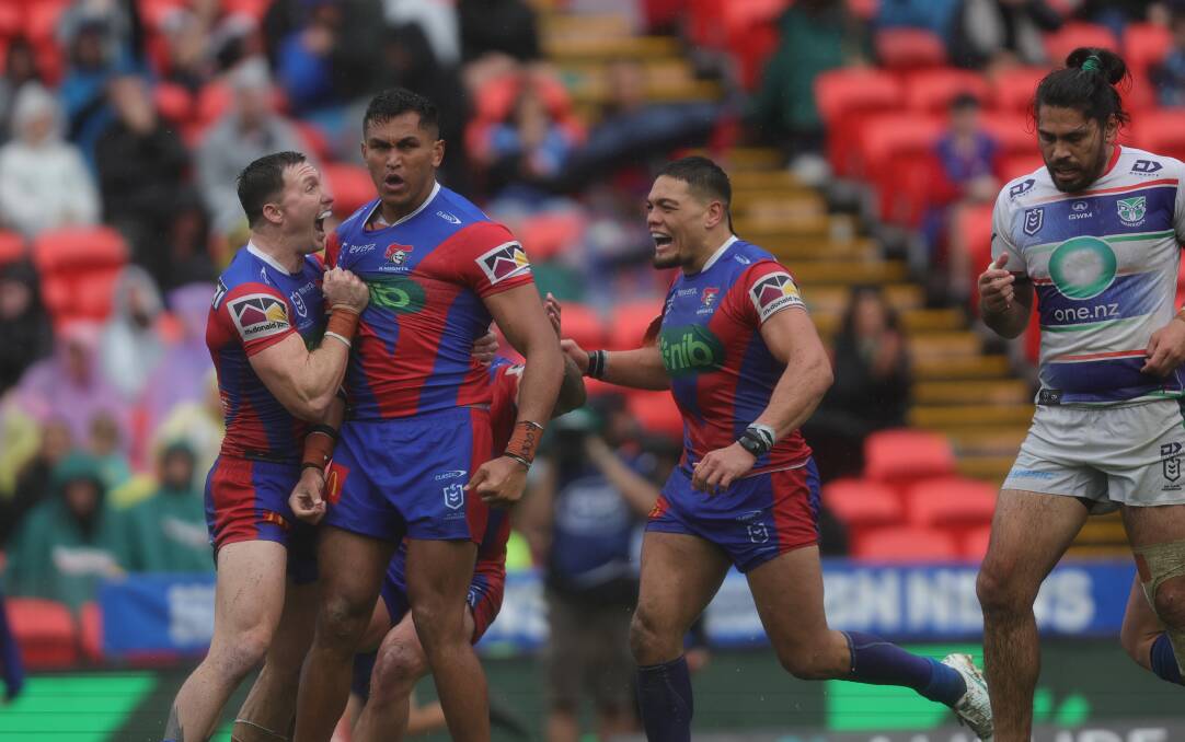 Daniel Saifiti after scoring against the Warriors. Picture by Marina Neil