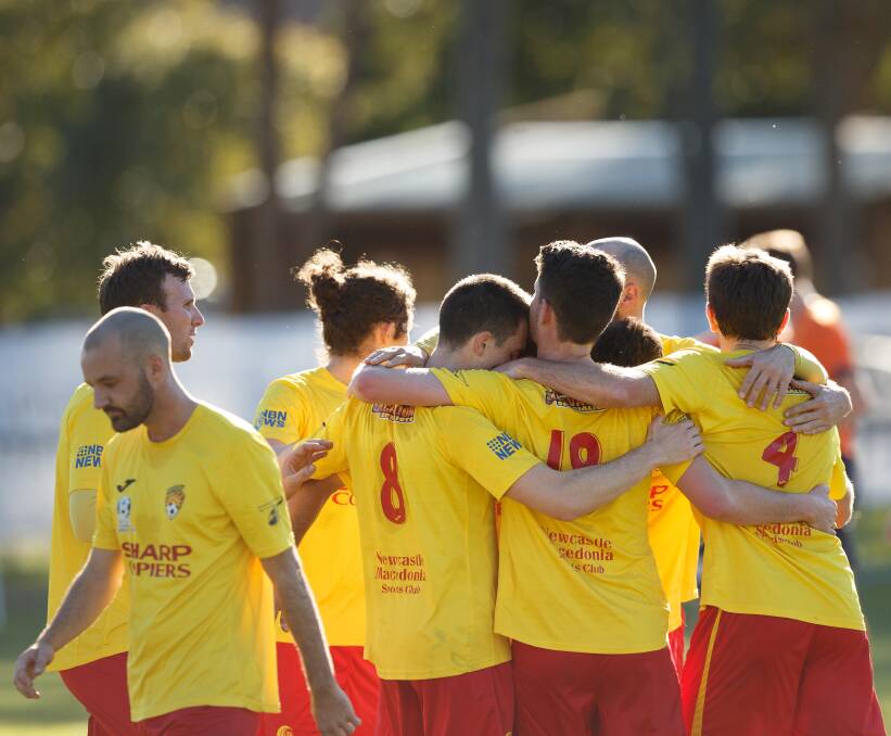 TOUGH CALL: Broadmeadow Magic players celebrate a goal last season in the Northern NSW NPL. They went on to finish fourth and lose to Maitland in the semi-finals. Picture: Max Mason-Hubers
