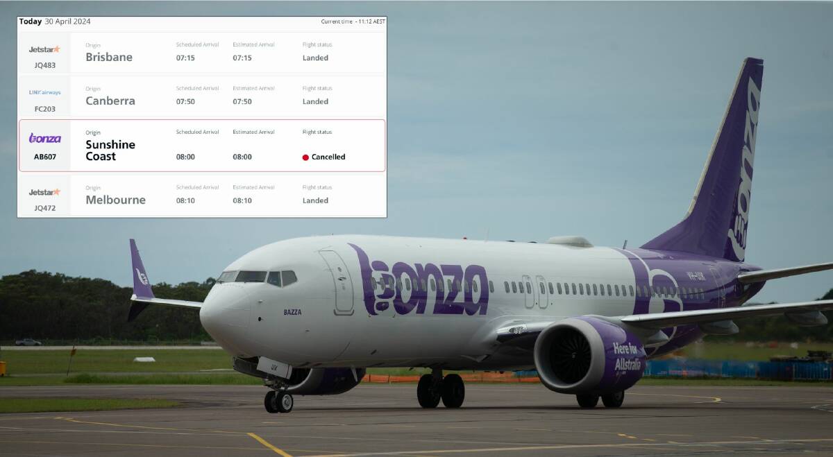 A Bonza plane at Williamtown and, inset, the Newcastle Airport website showing a cancelled Bonza flight on Tuesday morning.