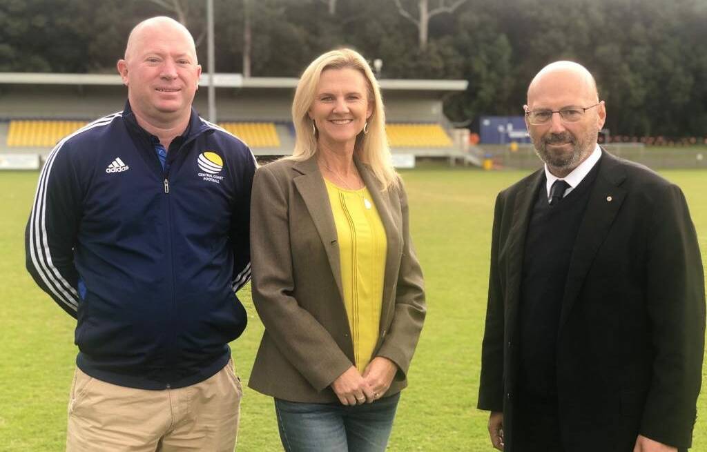 ON THE MONEY: Liberal candidate for Dobell Jilly Pilon and Liberal senator Arthur Sinodinos announce $660,000 in Community Development Grants funding for Central Coast Football Club's Pluim Park in 2017.