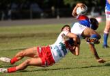 Souths hooker Mitch Black making a tackle against Kurri at Townson Oval on Anzac Day. Picture by Peter Lorimer