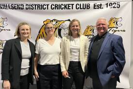From left, Wallsend legends Leah Poulton and Jenny Wallace with former Australian women's cricket captain Meg Lanning and club president Peter Hanna at Wallsend Diggers on Friday. Picture by Renee Valentine