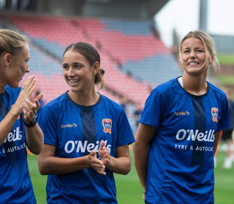 NEW FACES: Jets co-captain Gema Simon (left) with recruits Sunny Franco (middle) and Sophie Harding (right). The Jets unveiled their W-League squad to members at McDonald Jones Stadium on Saturday. Picture: Marina Neil