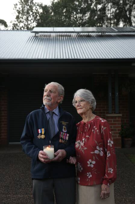 TOGETHER: Don and Gweneth Downie outside their home at Eleebana. Picture: Simone De Peak