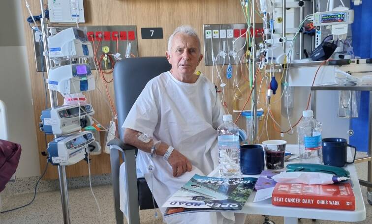 Nigel Wiggins a day after his operation to remove the tumour in his rectum at South East Regional Hospital in the Bega Valley. Photo: supplied