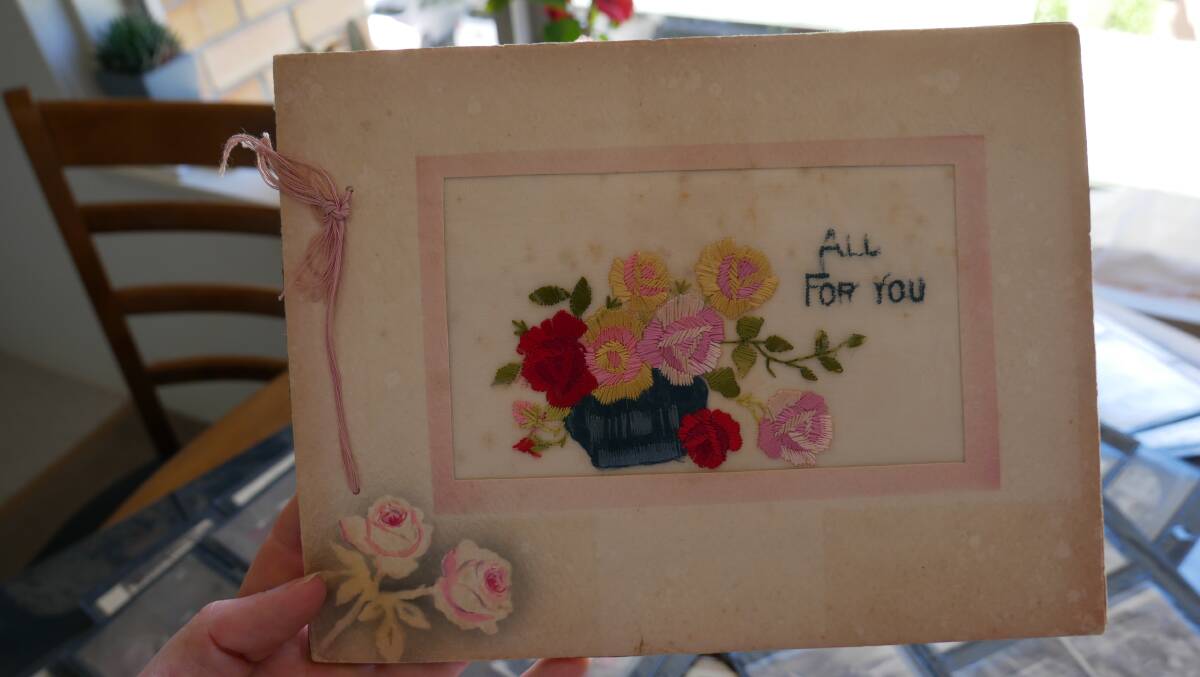An embroidered postcard from a woman named Mathilde addressed to her sweetheart Eric. Picture by Ellouise Bailey 