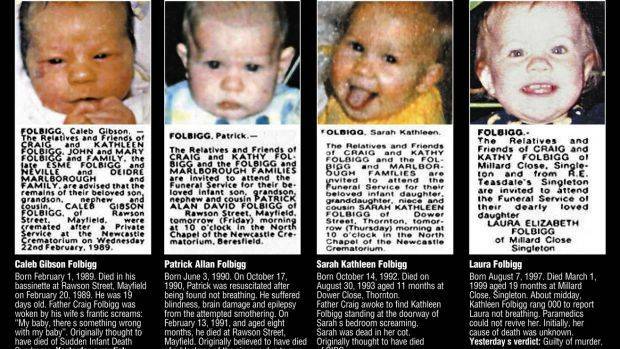 The death notices for the four Folbigg babies featured in news articles at the time of her conviction in 2003.