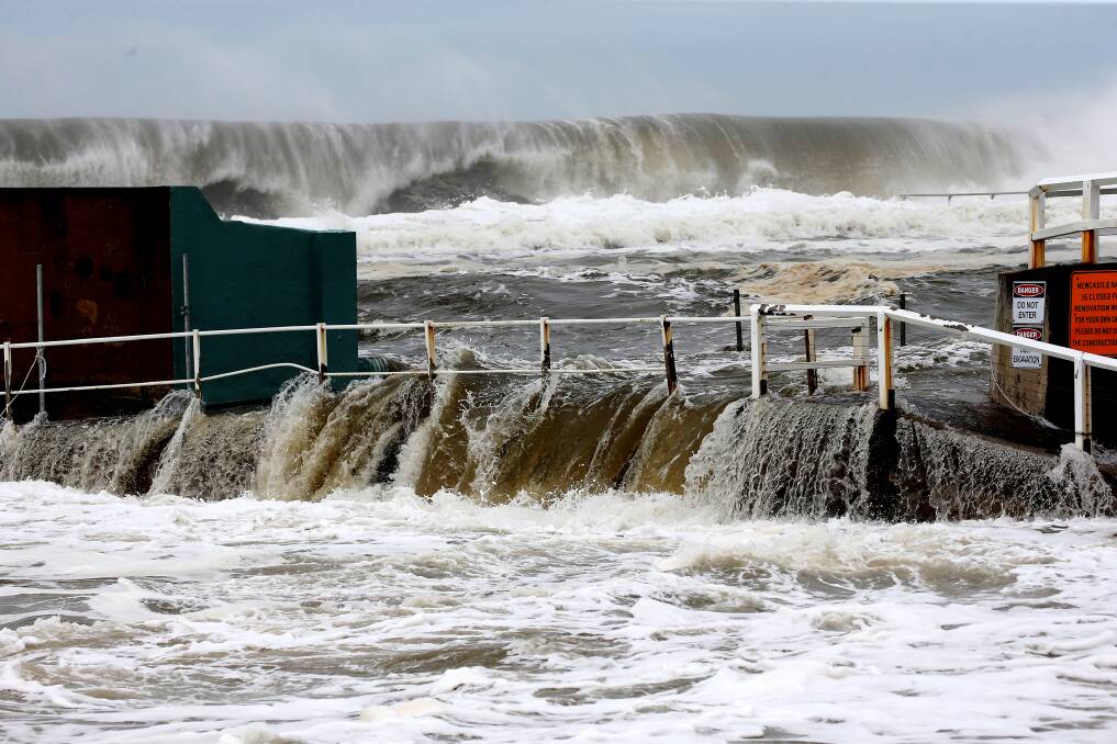 Not the best day to take a dip. Six-metre swells hammered Newcastle City beaches on Saturday.