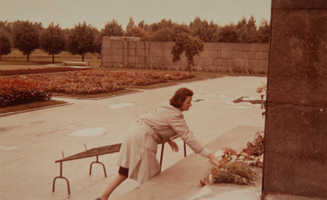 Isobel Menzies placing a wreath at a memorial in Leningrad. She lost two brothers to the war and later protested against the conscription of young men during the Vietnam War.