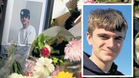 Tributes at the crash site and a portrait of deceased Bryson Dimovski