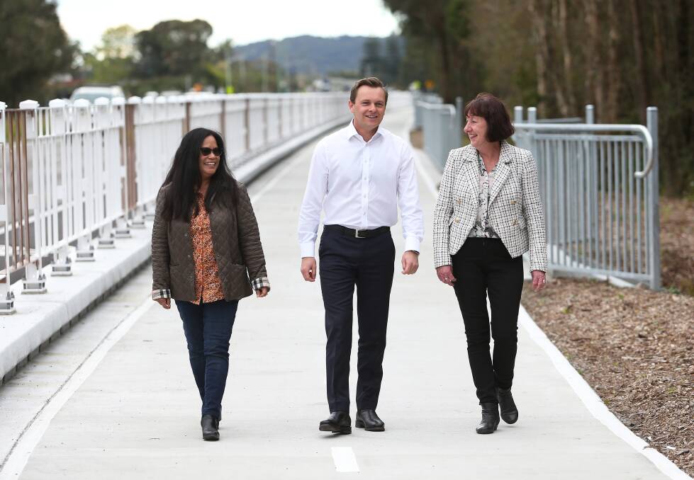 Project manager Tess Dziwulski, Liberal MLC Taylor Martin and Lake Macquarie Mayor Kay Fraser at the official opening of the Fernleigh Awabakal Shared Track southern section. Picture: Peter Lorimer 