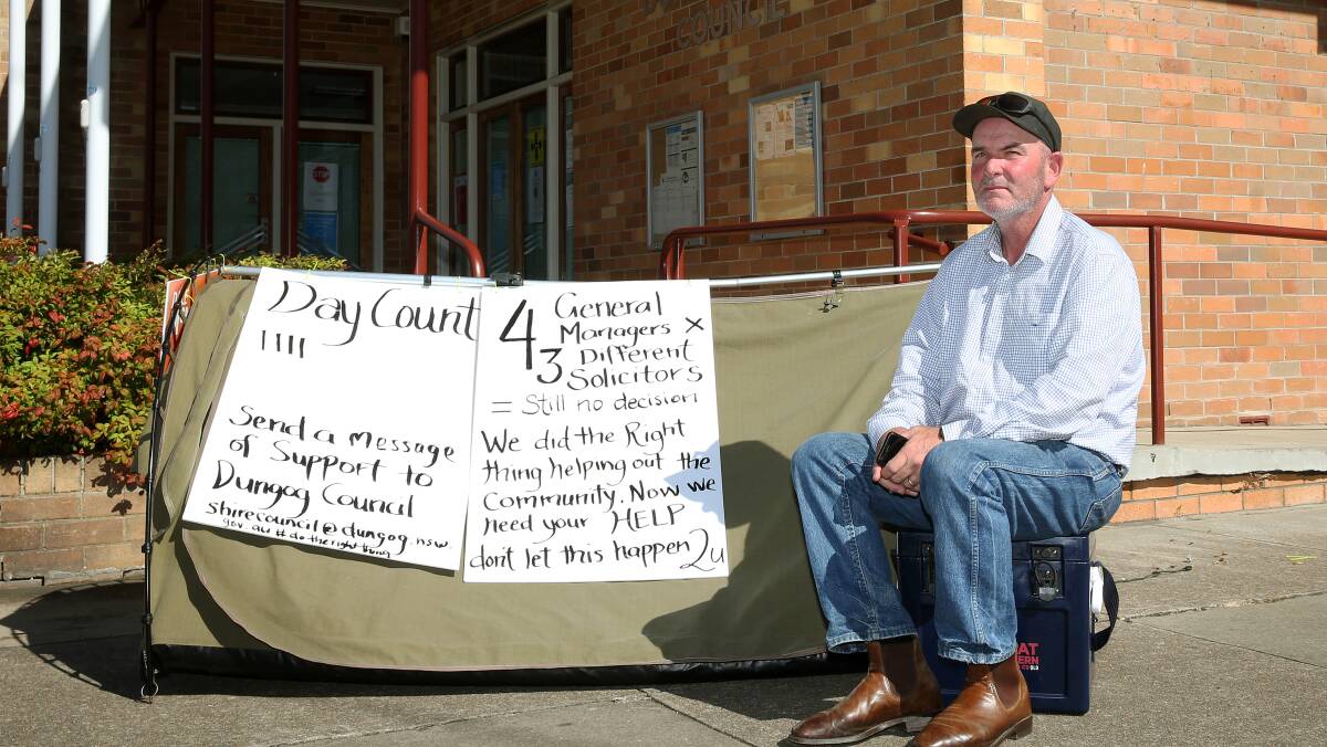 Here to stay: Deryck Edwards camped outside the Dungog Shire Council building. Picture: Peter Lorimer
