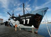 Vessel for knowledge: Kerrie Goodall alongside former Sea Shepherd vessel the MV Steve Irwin. Picture: Max Mason-Hubers