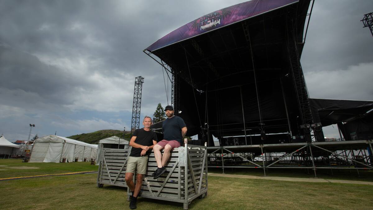 Cancelled: Founder and managing director Simon Leigh with codirector Shaun Dunn at one of the stages set up this weekend's Lunar Electric music festival in Camp Shortland. Picture: Marina Neil.
