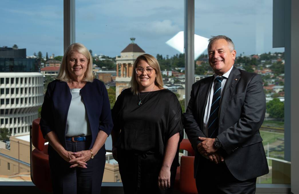 Minister for Home Affairs Karen Andrews, program leader Dr Tamara Blakemore and University of Newcastle Vice-Chancellor Professor Alex Zelinsky at NUspace on Wednesday. Picture: Marina Neil