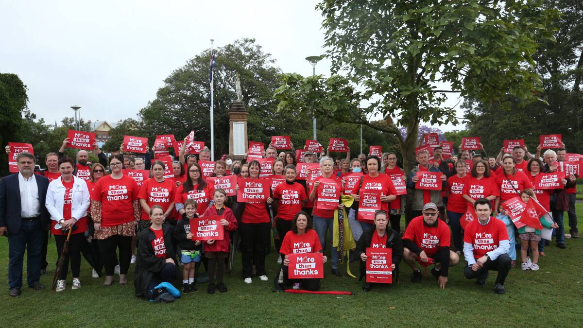 More than thanks: NSW Teachers Federation President Angelo Gavrielatos (front left) at a federation rally in Gregson Park, Hamilton. Picture: Simone De Peak
