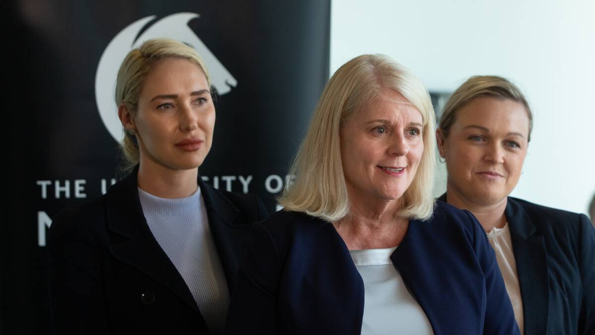 Federal Liberal candidates for Paterson and Shortland, Brooke Vitnell and Nell McGill, stand with MP Karen Andrews at the funding announcement. Picture: Marina Neil