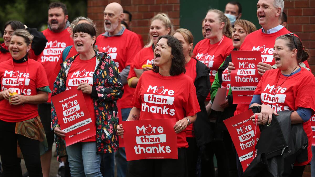 Teachers Federation representatives gathered in Hamilton demand 'more than thanks'. Pictures: Simone De Peak