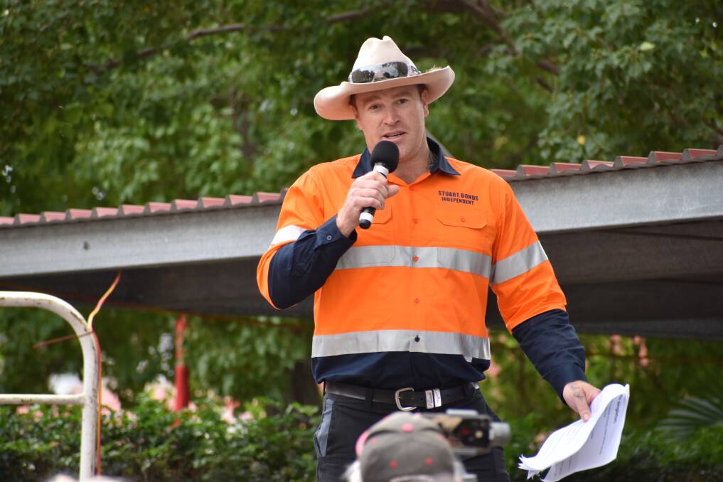 Federal candidate for Hunter Stuart Bonds speaking at the rally. Picture: Ethan Hamilton