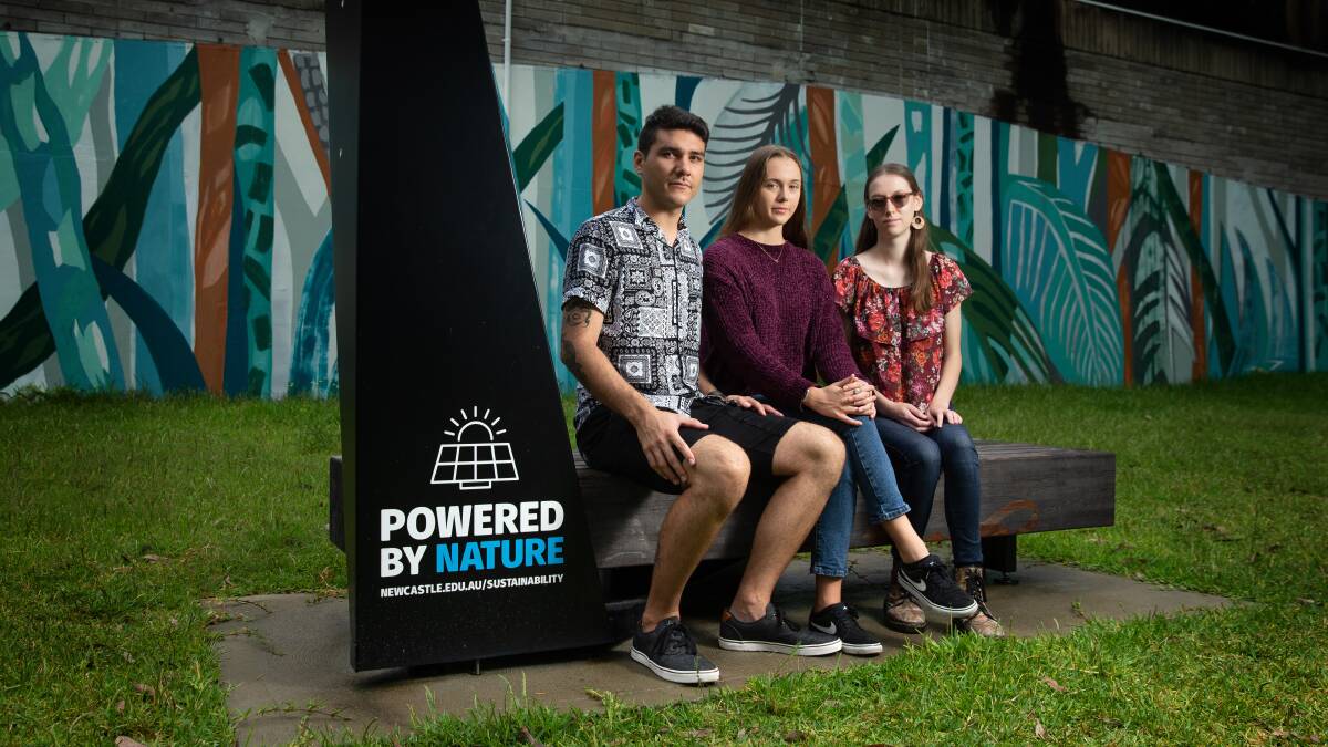 GREEN SHOOTS: Thomas Boehm, Jessica Haugh and Jasmine Stuart were part of the first cohort to enrol in the Bachelor of Renewable Energy Engineering at the University of Newcastle back in 2019. Picture: Marina Neil
