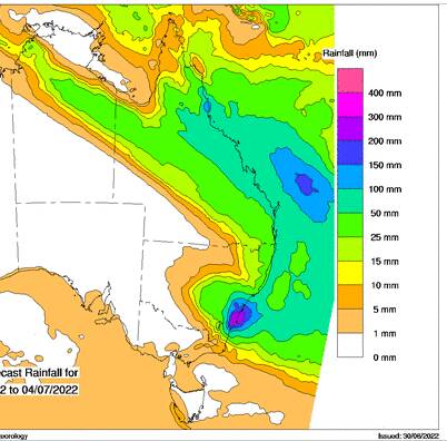 Rain is anticipated to be heavier south of Newcastle, with the BOM predicting up to 100mm for Gosford on Sunday and Monday. Source: Bureau of Meteorology 