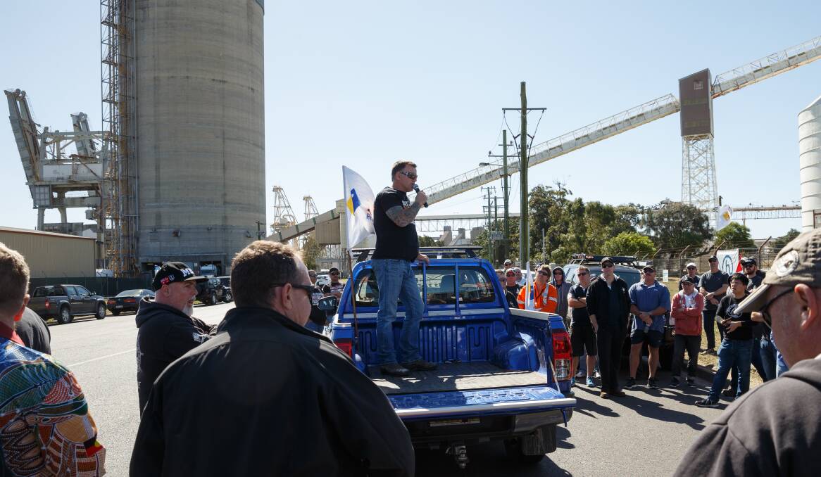Job security: Hunter Workers secretary Leigh Shears speaking at a rally in 2017. Picture: Max Mason-Hubers