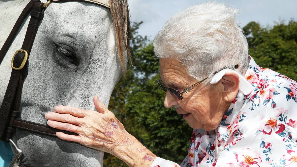 Magic moment: Thelma McInnes and Chopper, the clerk of the course horse, during a visit to St Joseph's Nursing Home in Sandgate on Sunday. Picture: Peter Lorimer