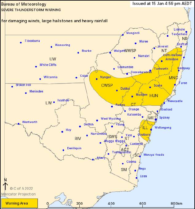 Weather warning: Affected area represented in bright yellow. Picture: Bureau of Meteorology 