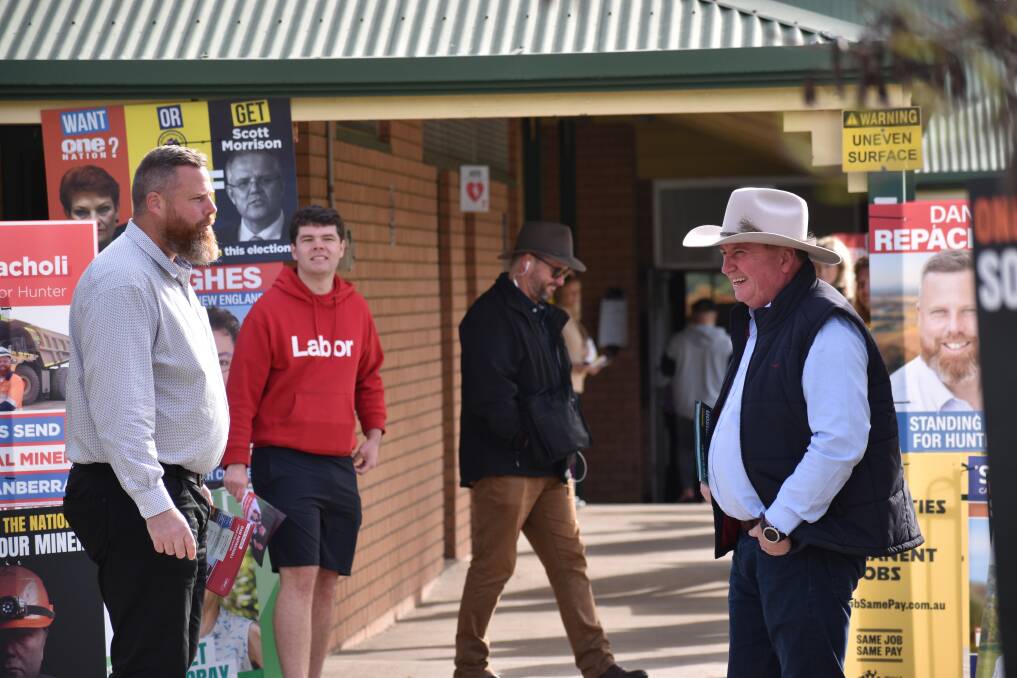 Dan Repacholi and Barnaby Joyce at pre-polling Thursday morning. Picture: Ethan Hamilton