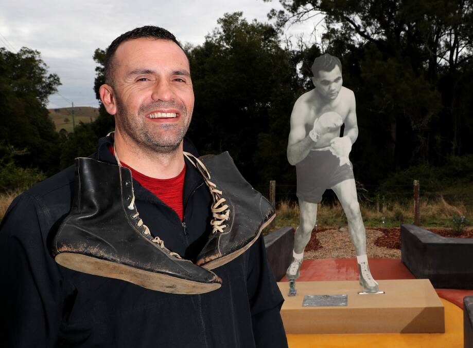 Chad Ritchie at the new memorial near Dungog for his grandfather, Indigenous boxer Dave Sands, on the 70th anniversary of his death. Picture: Peter Lorimer