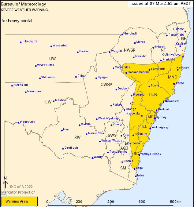 A severe weather warning with heavy rainfall and flooding is in place for a large chunk of NSW on Monday, March 7, 2022. Picture: Bureau of Meteorology