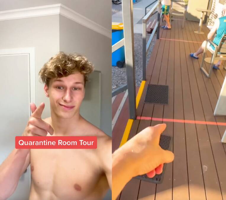 Sam Fricker (left) gave a quarantine room tour and explained that he could not cross a line (right) into his neighbour's territory on his front porch. Source: TikTok @samfrickerr