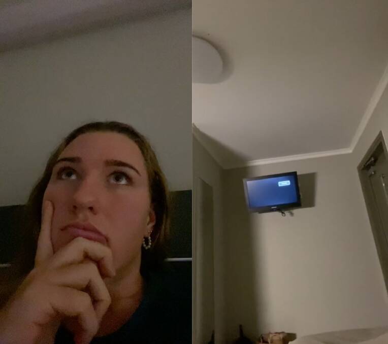 Tilly Kearns (left) was not impressed to find her television did not have a signal (right). Source: TikTok @tillykearns