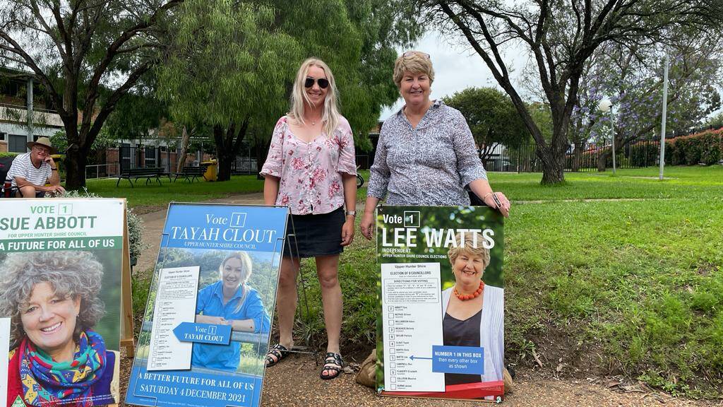 SCONE: Upper Hunter Shire Council candidates Tayah Clout (left) and Lee Watts (right) outside the polling centre at Scone High School on Saturday, December 4. Picture: Mathew Perry