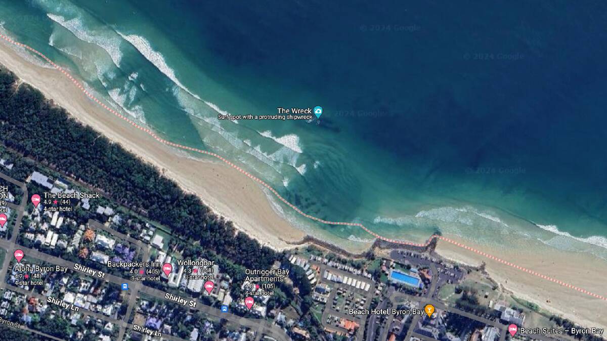 A surfer was found in the surf unconscious at Byron Bay. Picture by Google Maps