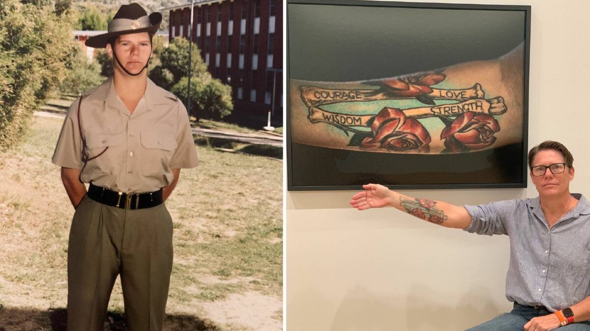 An 18-year-old Kylie Reynolds marched out of Kapooka after three months of training in March 1993. And featured in 2022's Ink in the Lines exhibition in Brisbane. She would still be in the army were it not for her mental and physical injuries, she said. Picture supplied