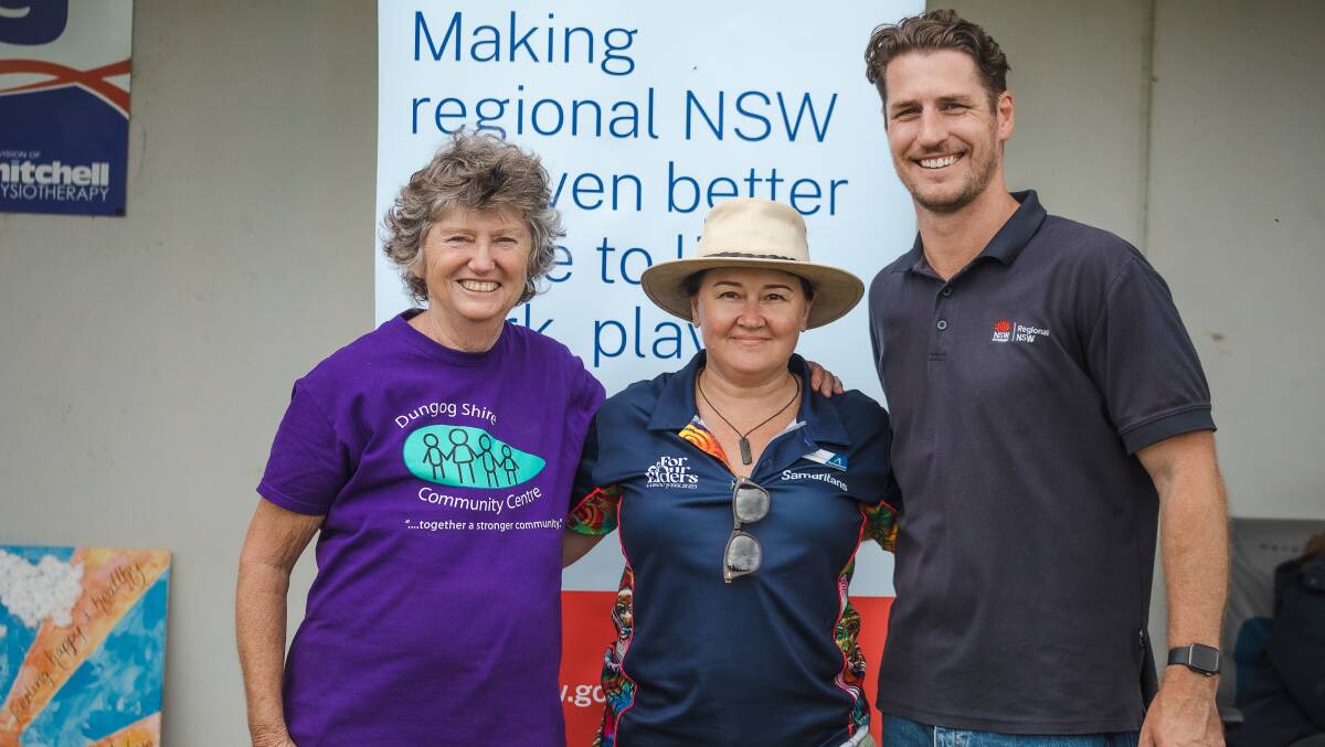 Dungog Community Centre's Kate Murphy, Samaritans youth engagement officer Rachelle Aitken and NSW Office of Regional Youth community coordinator Dan Brown at the first Community Wellness Festival. Picture supplied.