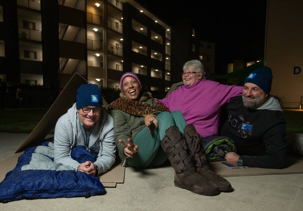 Coming together: Custom Fluidpower CEO Graeme Vennell, St Vincent de Paul Social and Affordable Housing complex Cardiff residents Jacqui Khan and Cheryl Dyer with Pegasus CEO Adam Boyle at the Vinnies CEO Sleepout. Picture: Marina Neil 