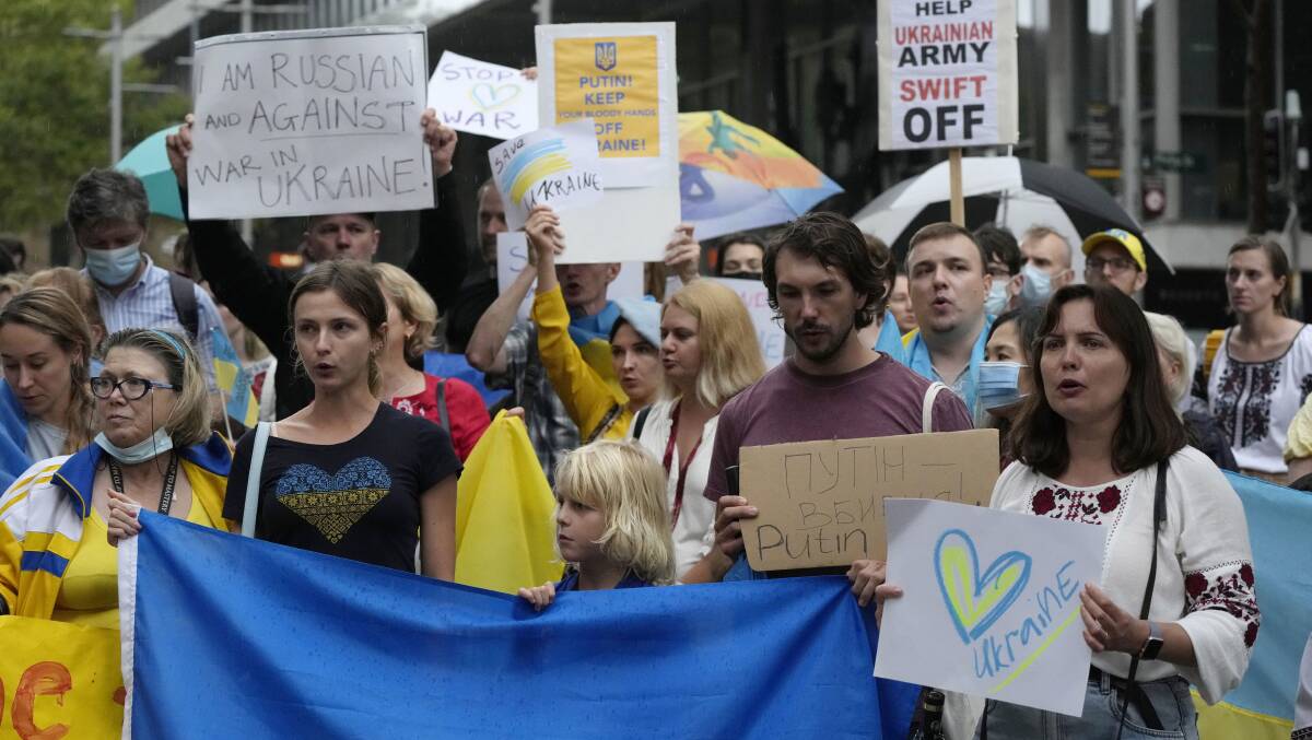 Support from afar: Protestors gathered in Sydney on Thursday to demonstrate against Russian attacks in Ukraine. Picture: Rick Rycroft