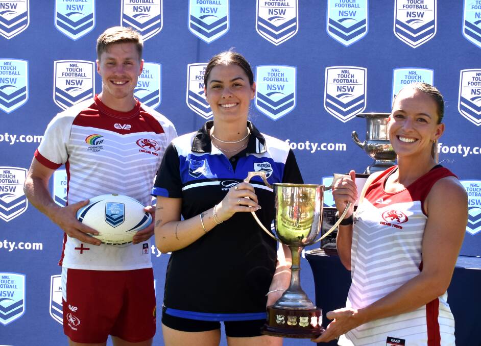 England Touch Men's Open captain Dom Tripp, Port Macquarie Makos 20's captain Brooke Meyers and England Touch Women's Open captain Emily Rona-Roper. Picture by Mardi Borg