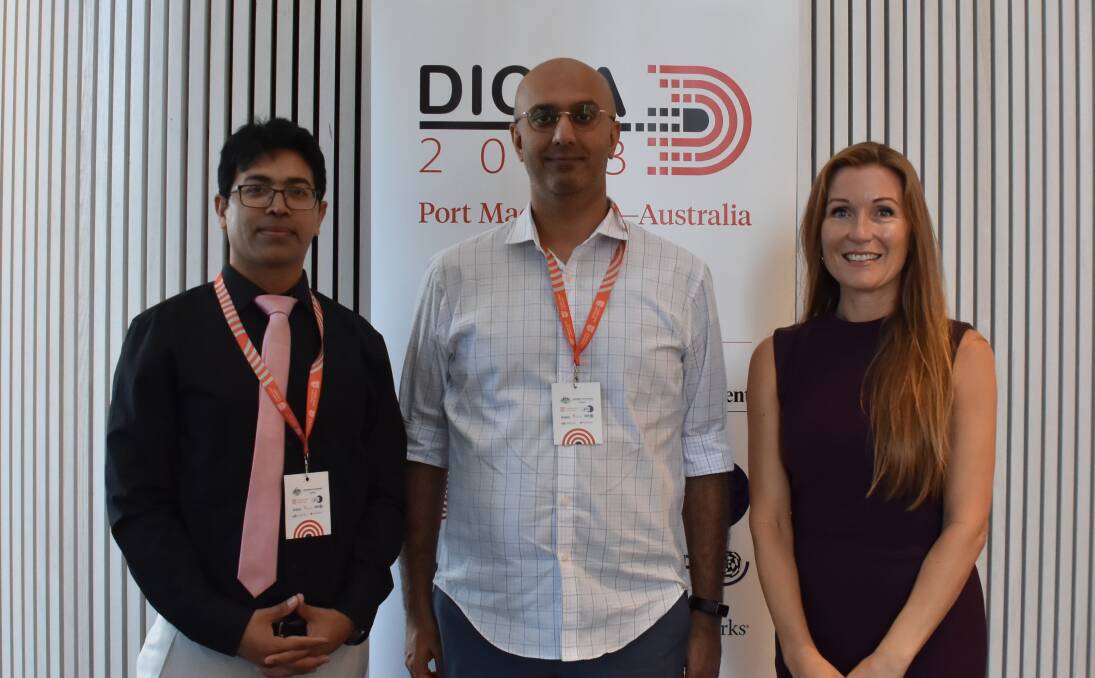 Charles Sturt University senior lecturer, Dr Anwaar Ulhaq with vice president of research at META, Professor Yaser Sheikh and Charles Sturt Director of External Engagement, Kate Wood-Foye. Picture by Mardi Borg