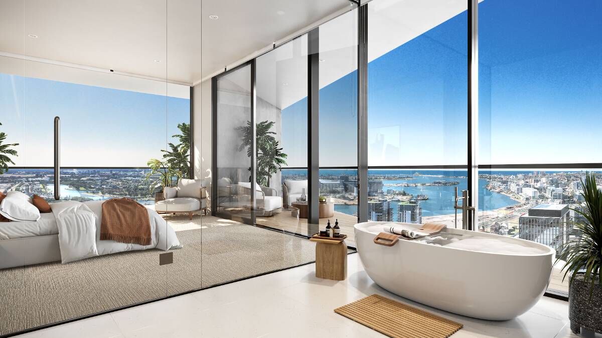 A rendered image of one of the apartments in Dairy Farmers Towers shows the views across Newcastle harbour and the city. Picture supplied