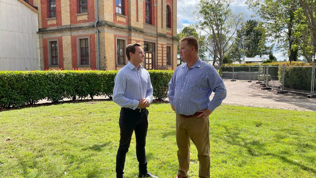 Parliamentary Secretary for the Hunter Taylor Martin and Maitland Mayor Phillip Penfold discuss the future of Walka Water Works. Picture Laura Rumbel. 