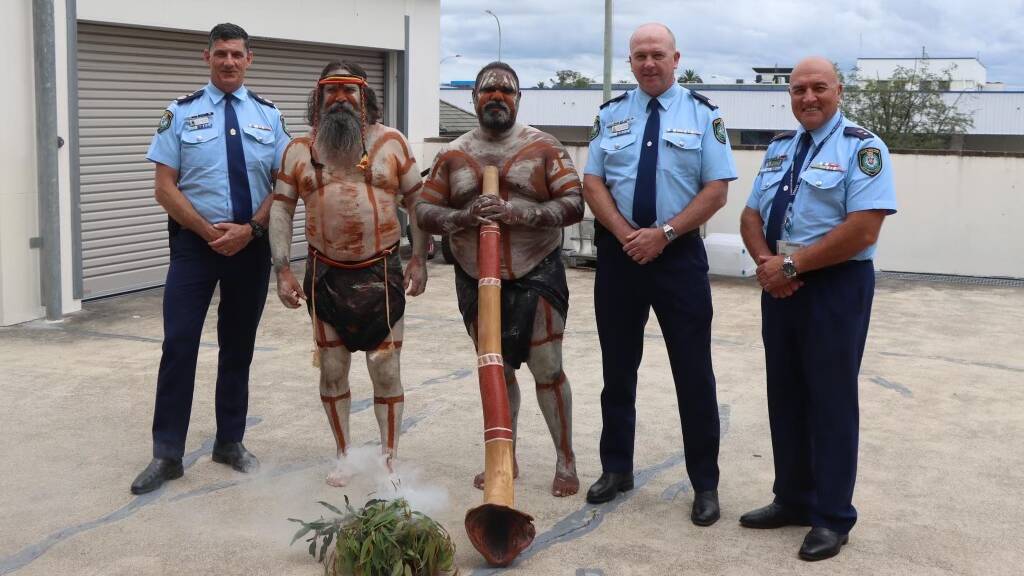 Murrook Culture Centre cultural manager and former police officer Justin Ridgeway led an inaugural smoking ceremony at Raymond Terrace Police Station. Picture by NSW Police Force