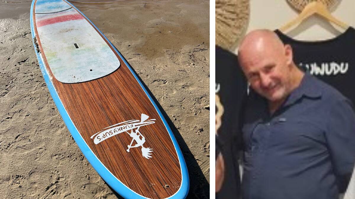 Mr Wood's board and paddle were found on the sand at Ryan's Cut. Pictures supplied