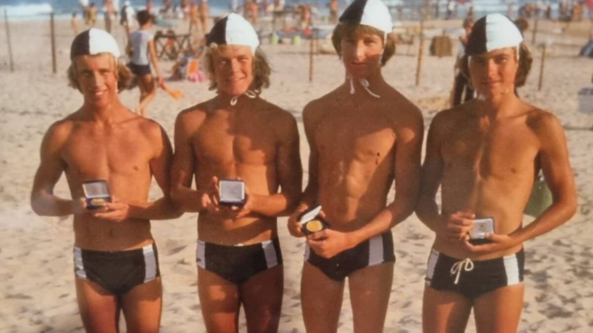Kevin Ball (far right) with fellow surf life savers and Kempsey High students in 1969, Robert Younger, Peter Dufty and Richard Clarke.