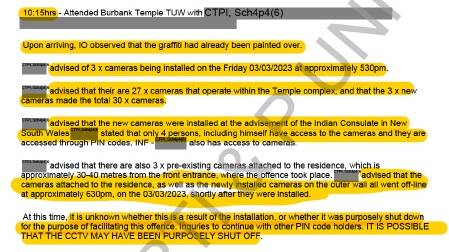 An excerpt from page 5 of the released casefiles from QLD Police regarding the temple's security cameras. Picture via Bhabishan Singh Goraya/RTI request