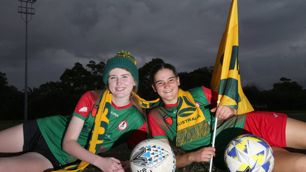 Adamstown Rosebud players Audrey-Rose Budden and Mackenzie Duraj are excited to flagbear at the World Cup. Picture by Peter Lorimer